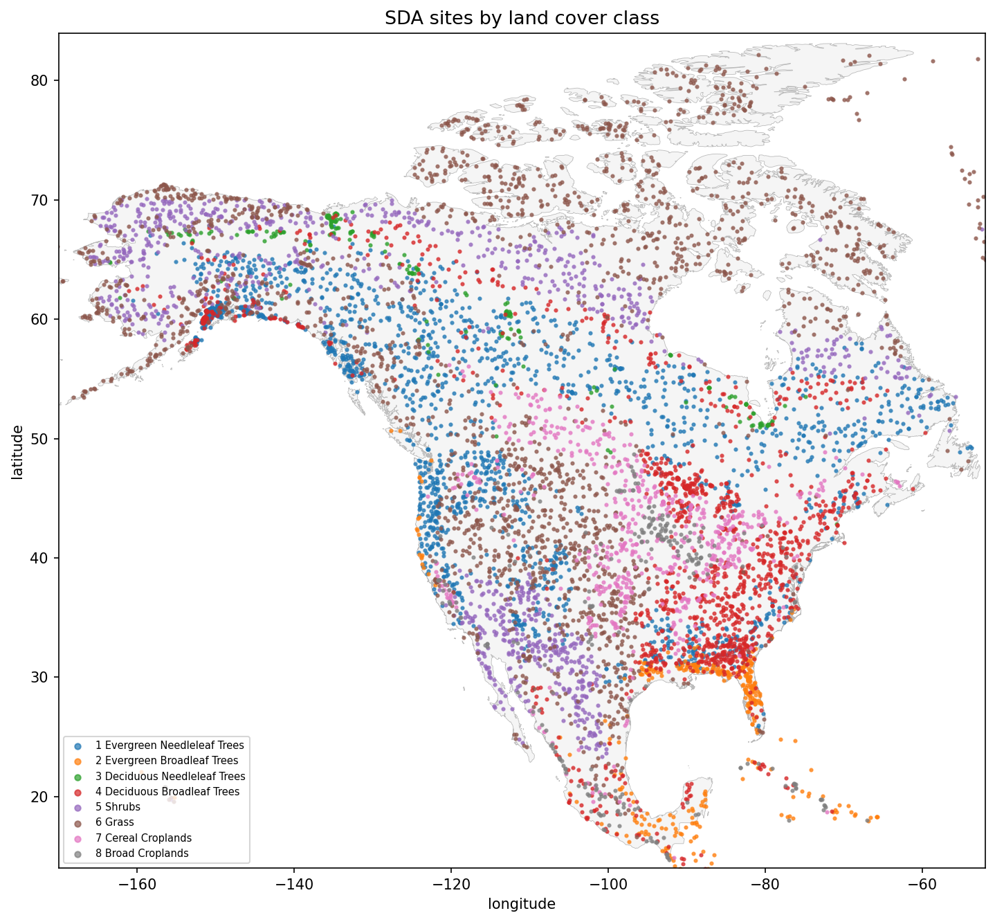 Map of North America with roughly eight thousand state-data-assimilation sites plotted as coloured dots, one colour per MODIS plant functional type class, from evergreen needleleaf trees through shrubs, grass and croplands.